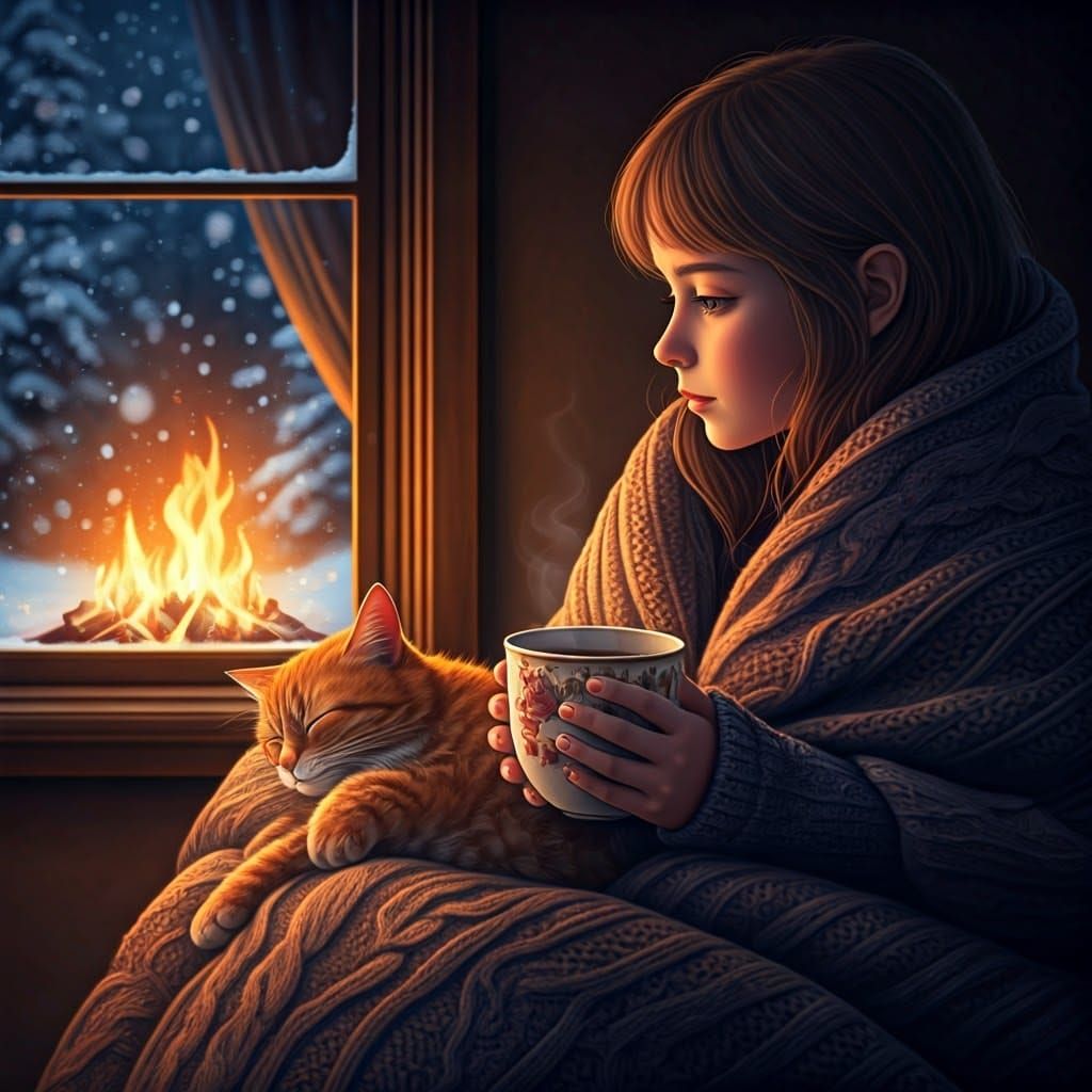 Cozy Winter Scene with Girl, Cat and Cocoa