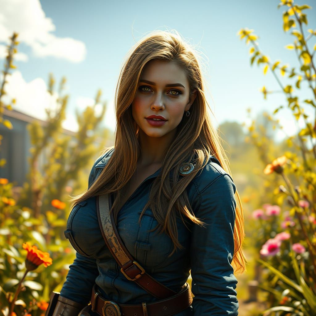 Vault Dweller in Post-Apocalyptic Garden, Detailed Digital A...