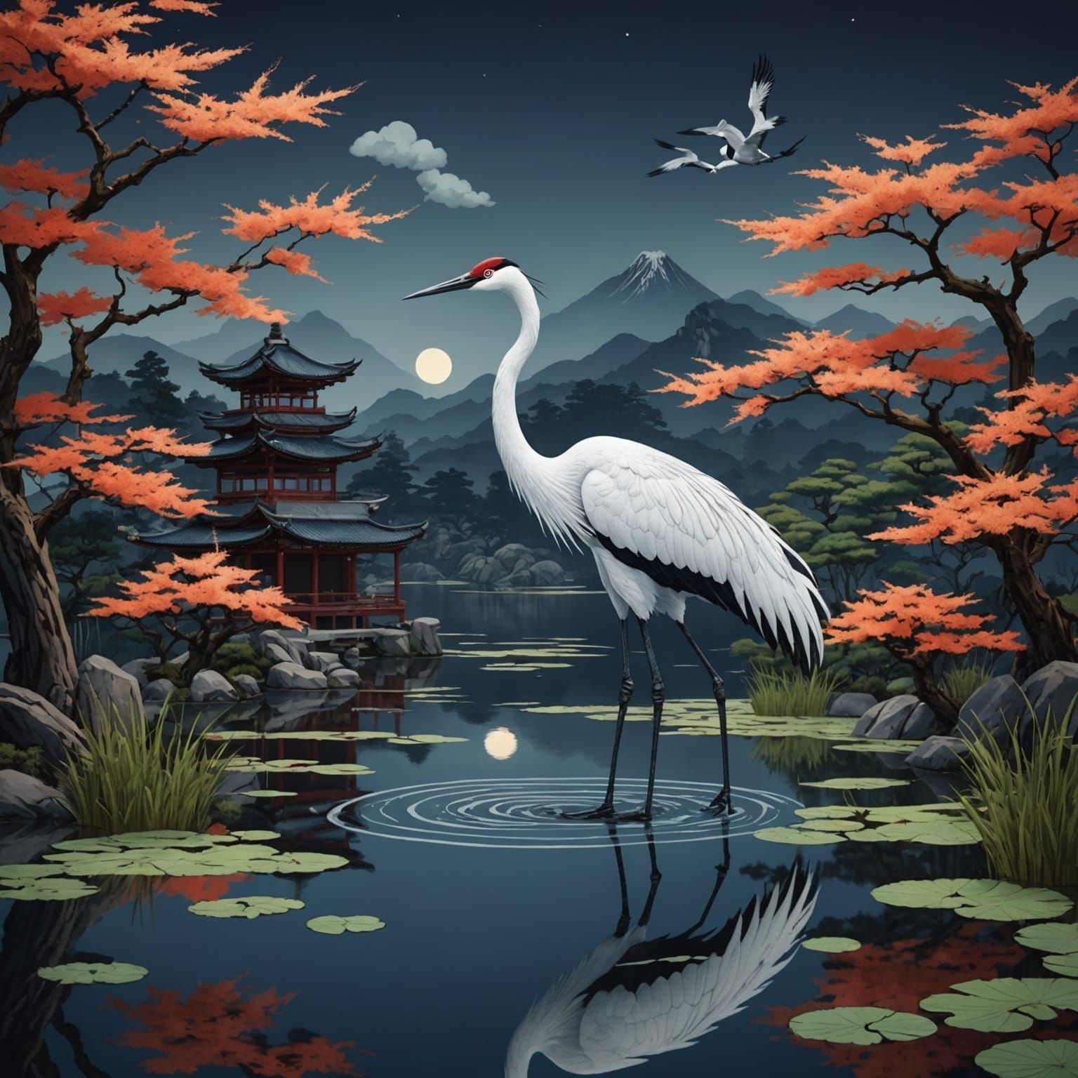 Ukiyo-e Crane Standing in Pond
