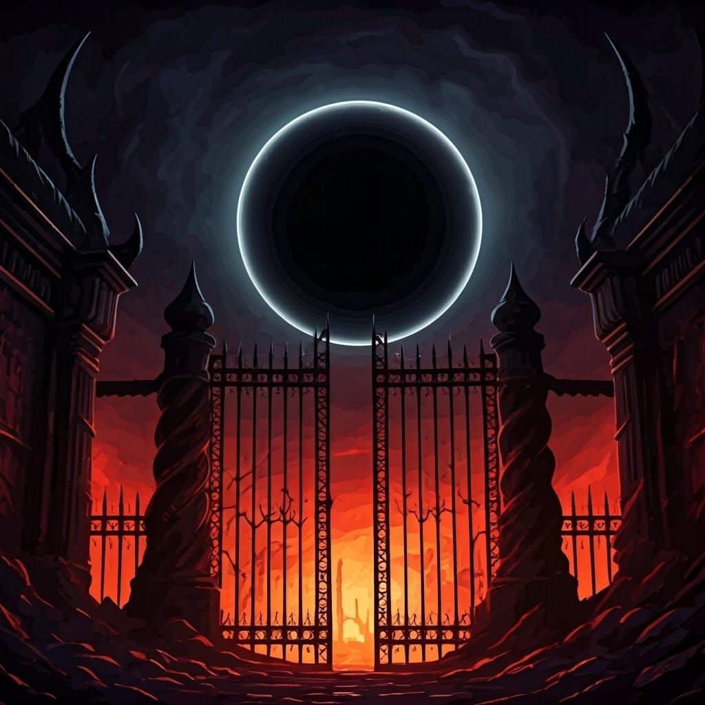 Ominous Black Moon Over Hellgate in Surreal Style