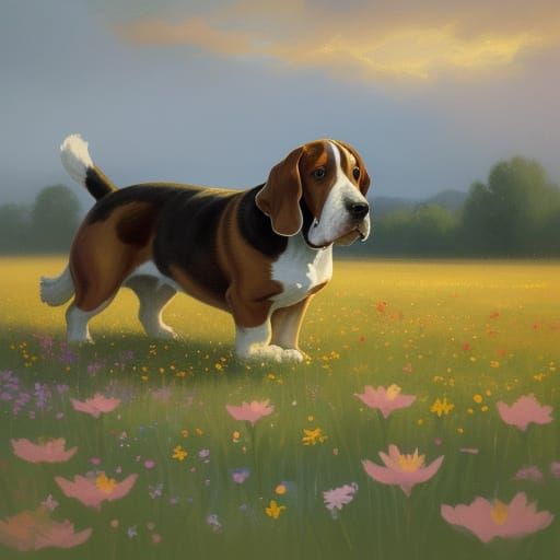 Basset Hound in Flower Field: Detailed Digital Painting