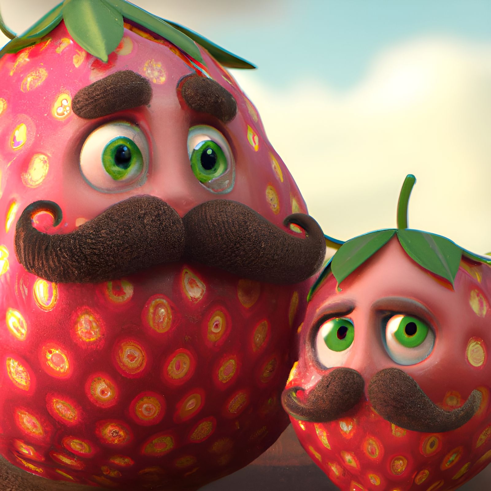 Mustached Strawberry Dad and Baby: 3D Digital Art