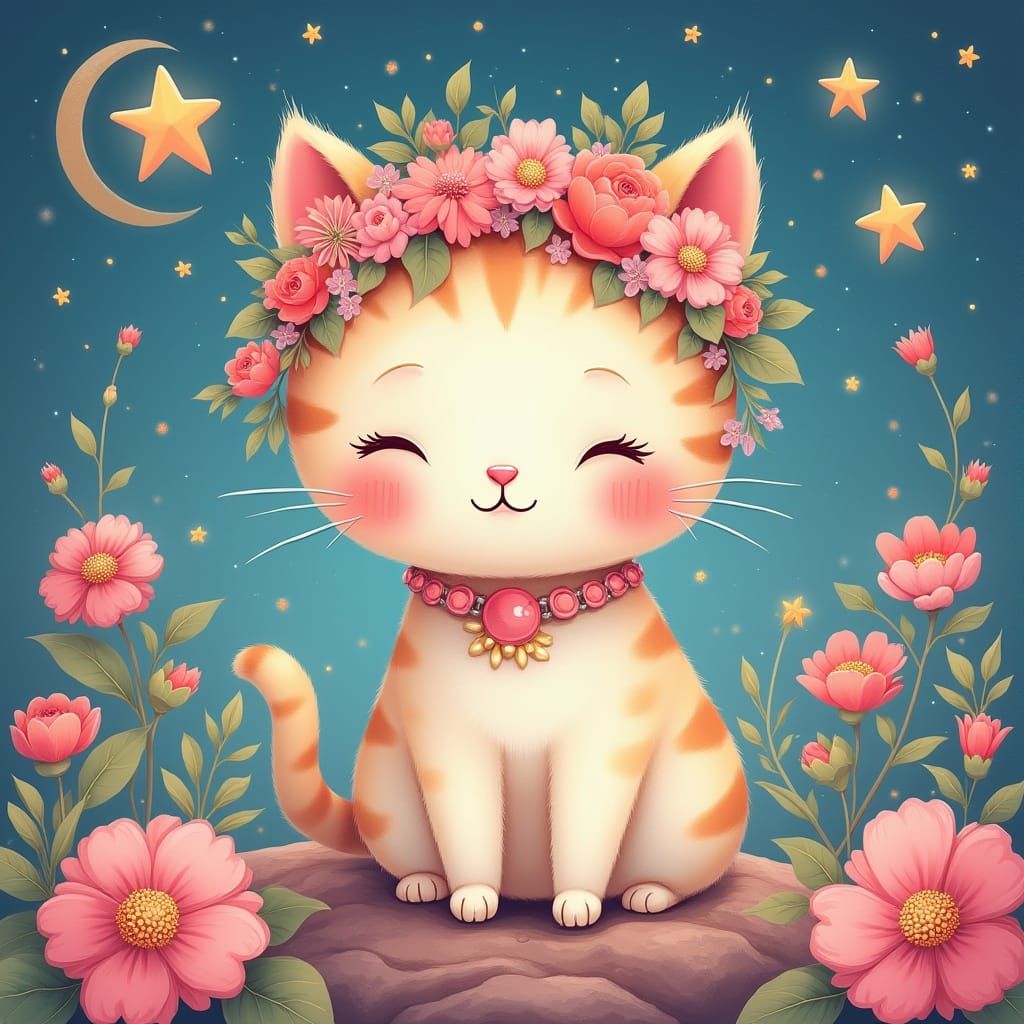 Kawaii Cat Amidst Floral Celestial Beauty