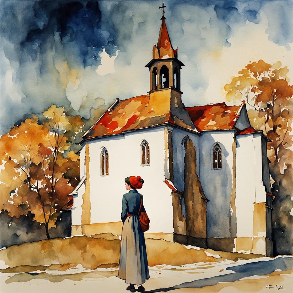 Girl by Church: Expressive Watercolor Art