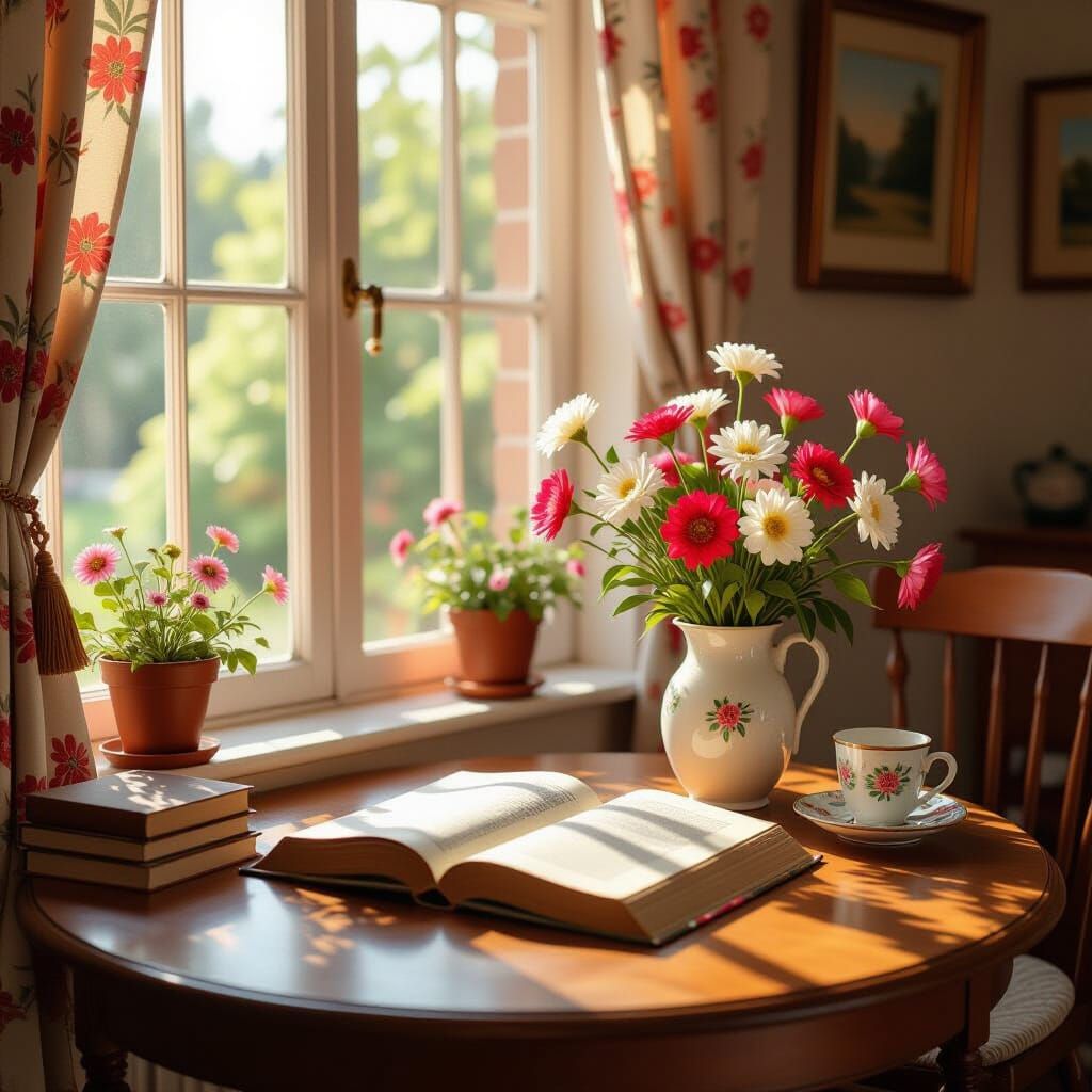 Cozy Interior Scene: Cat, Book, and Flowers on Table
