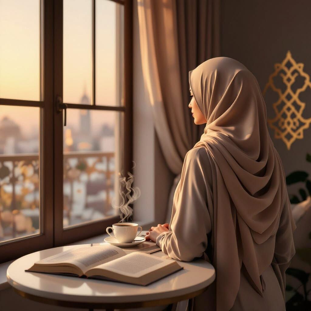 Muslimah in Beige Hijab by Golden Window