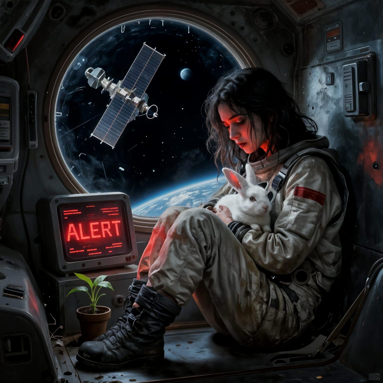 Goth Woman Finds Solace in Space Capsule with Rabbit