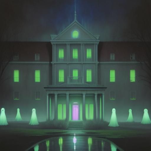 Haunted Mental Hospital with Glowing Ghosts: Oil Painting