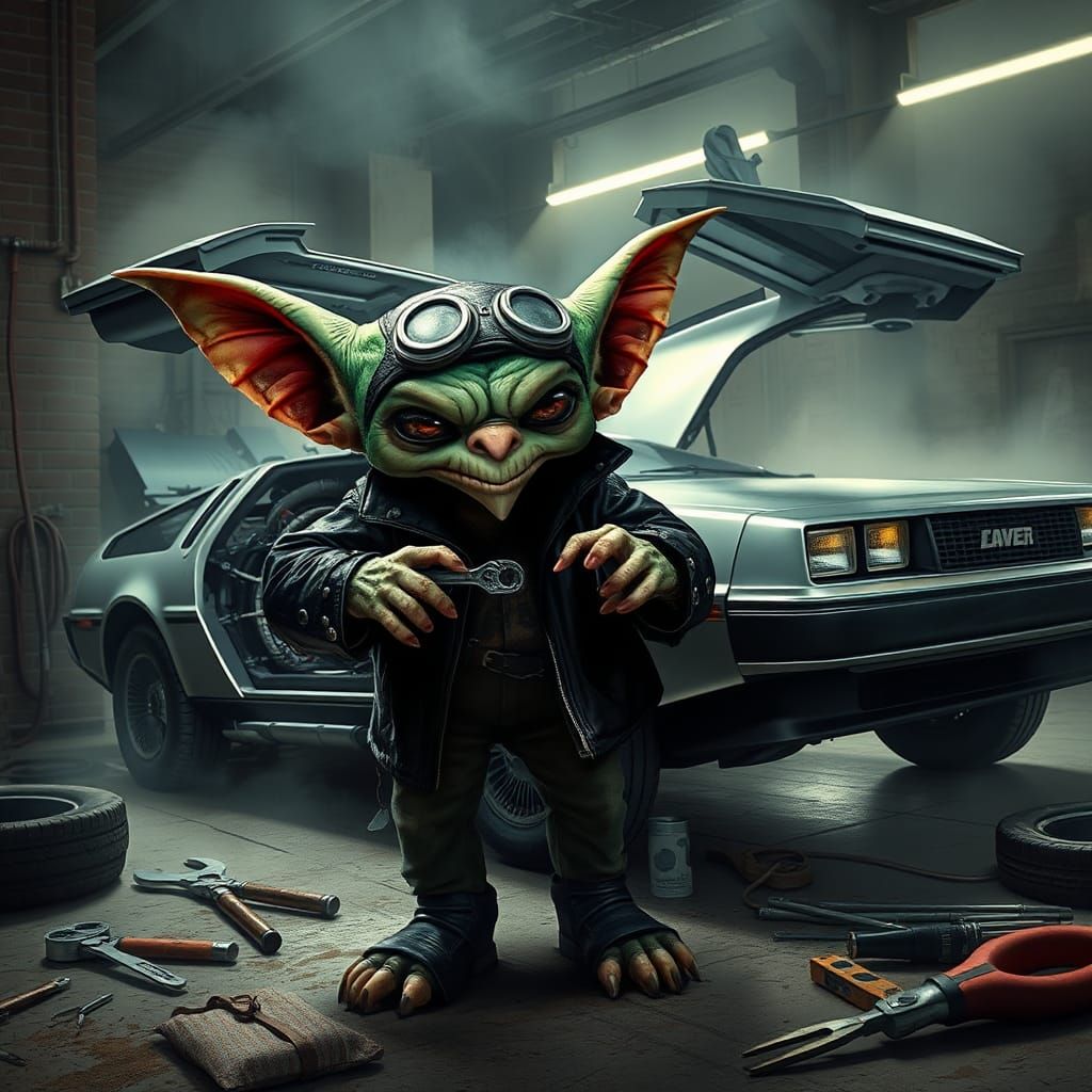 Menacing Gremlin Repairs Cyberpunk DeLorean in Dark, Industr...