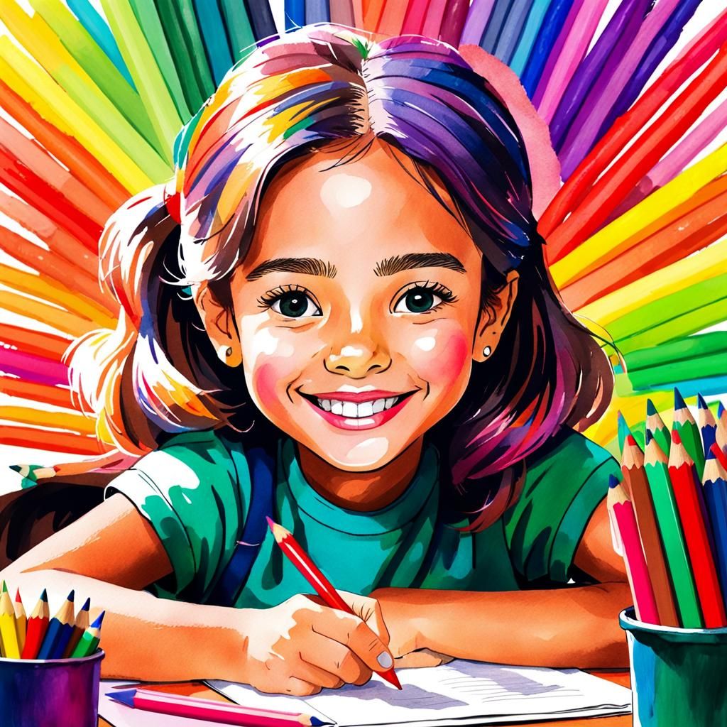 Happy Girl Portrait in Watercolor Comic Style