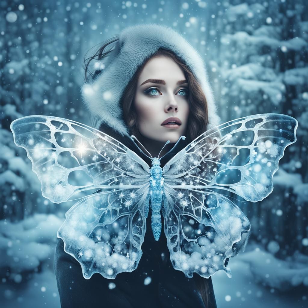 Surreal Winter: Ice Butterfly Double Exposure