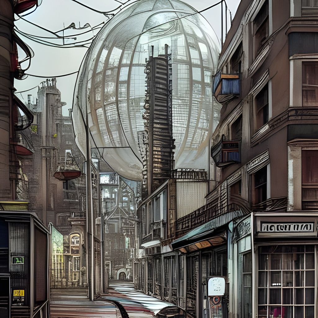 Atompunk Cityscape with Retro Hovercars: Watercolour Illustr...