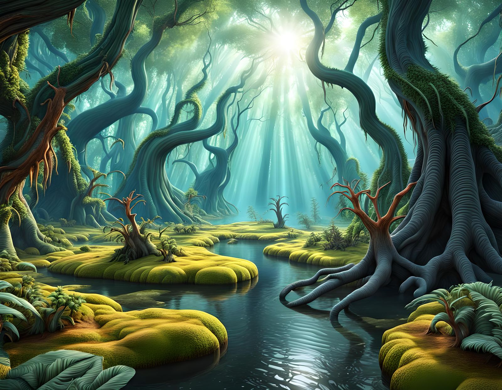 Hyperrealistic Alien Forest Landscape with Bizarre Plants