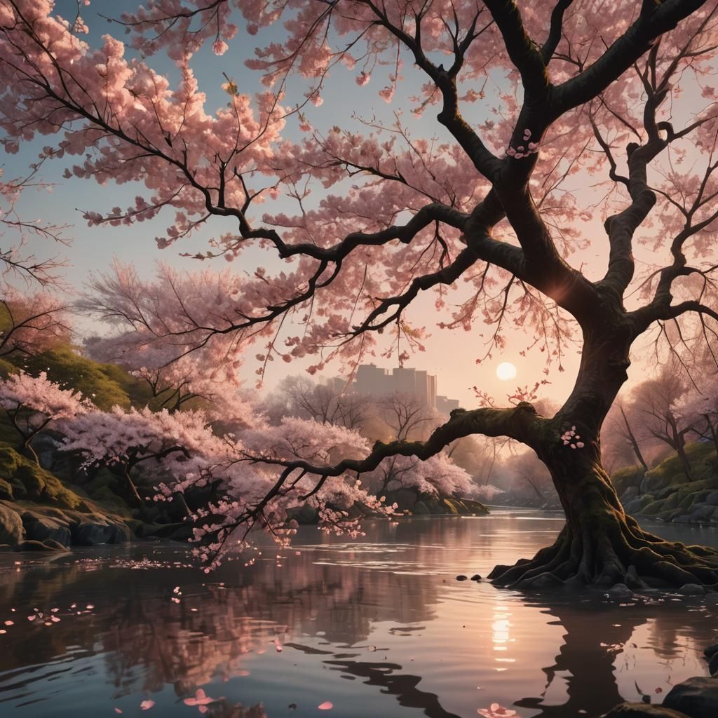 Cherry Blossom River: A Tranquil Fantasy Landscape