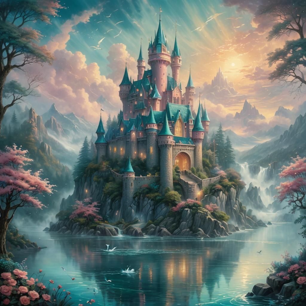 Majestic Teal and Rose Castle in Dreamy Watercolor Style
