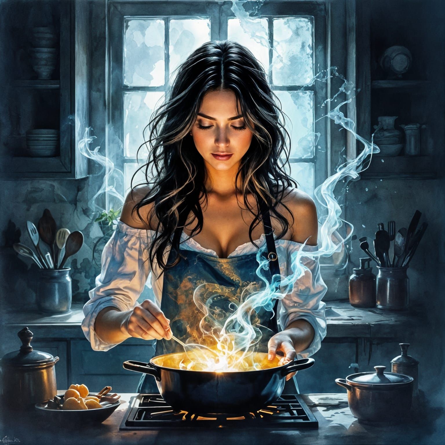 Gothic Witch Cooking with Mystical Energy