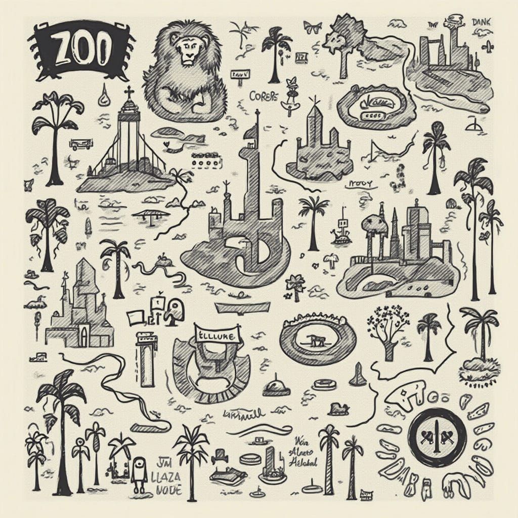 Vintage-Inspired Black and White Zoo Map with Distressed Ill...
