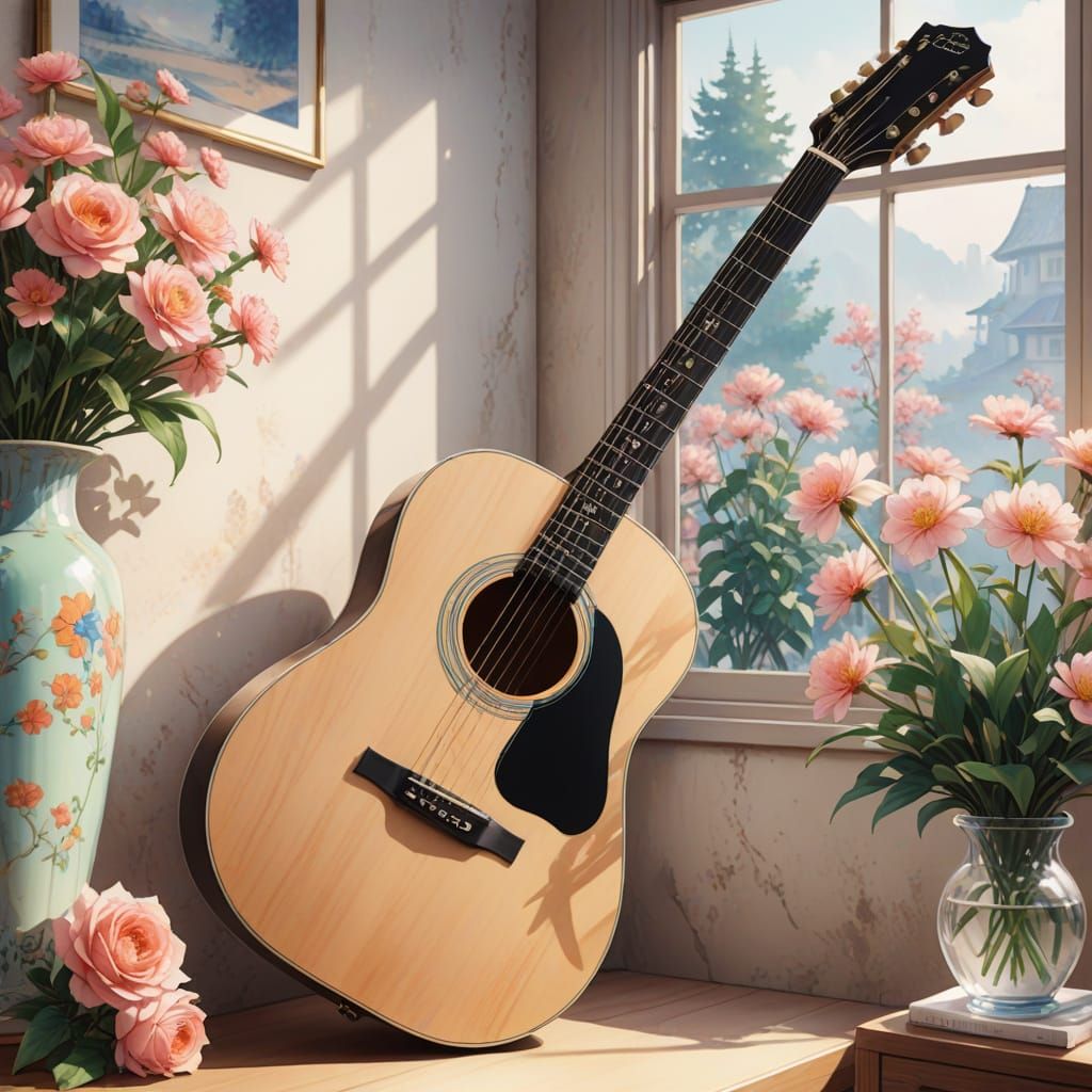 Watercolor Anime Guitar Study in Soft Pastels