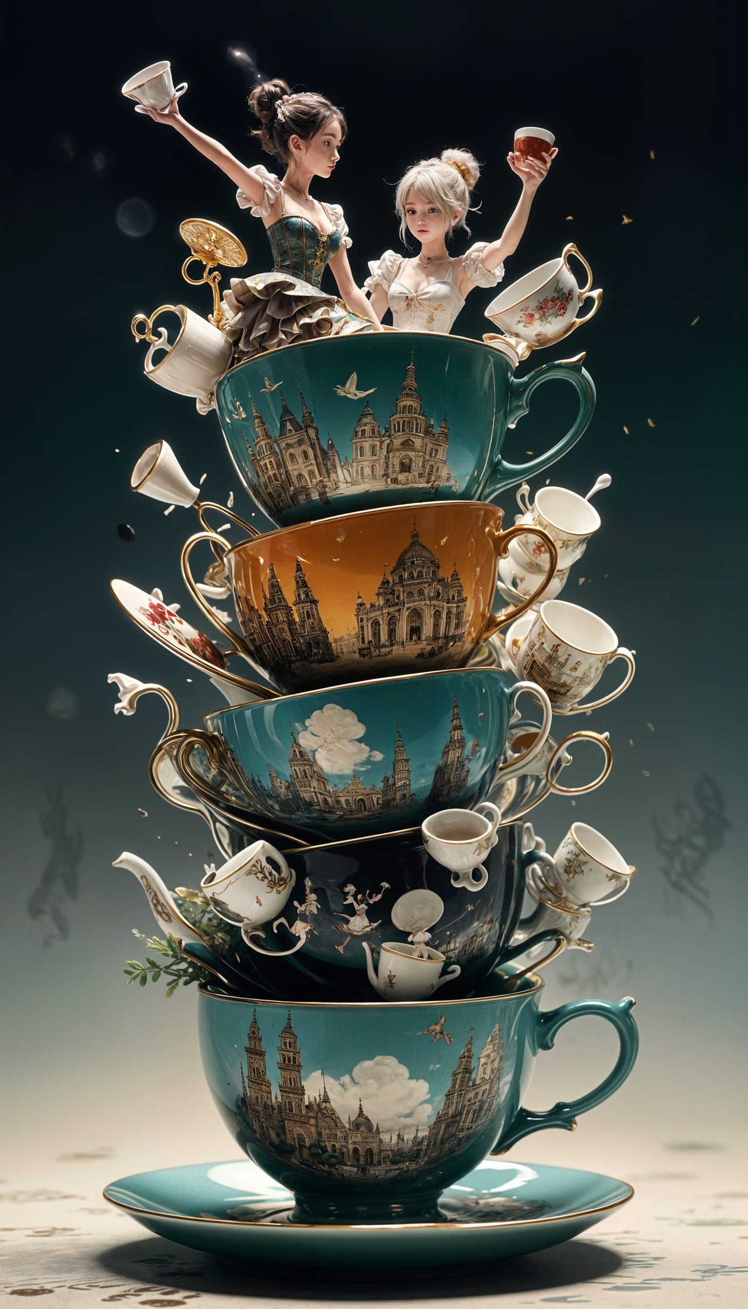 Whimsical Teacup Towers in Flat Manga Style