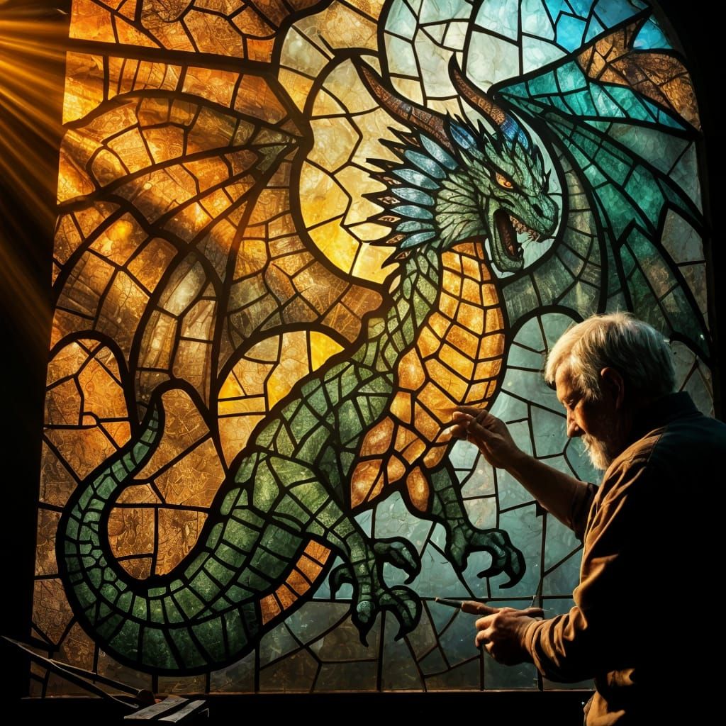 Stained Glass Dragon Unfolds in Majestic Light