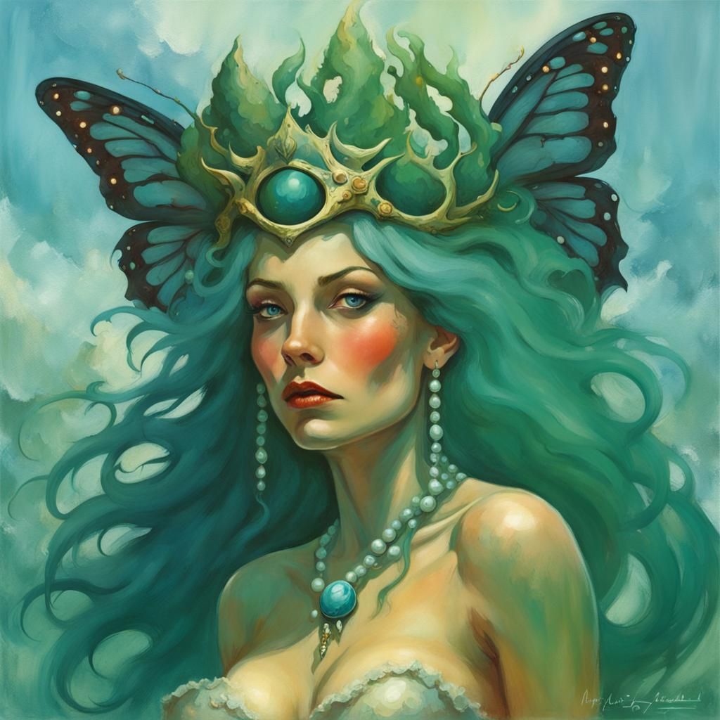 Merfolk Goddess with Butterfly Wings in Frazetta Style