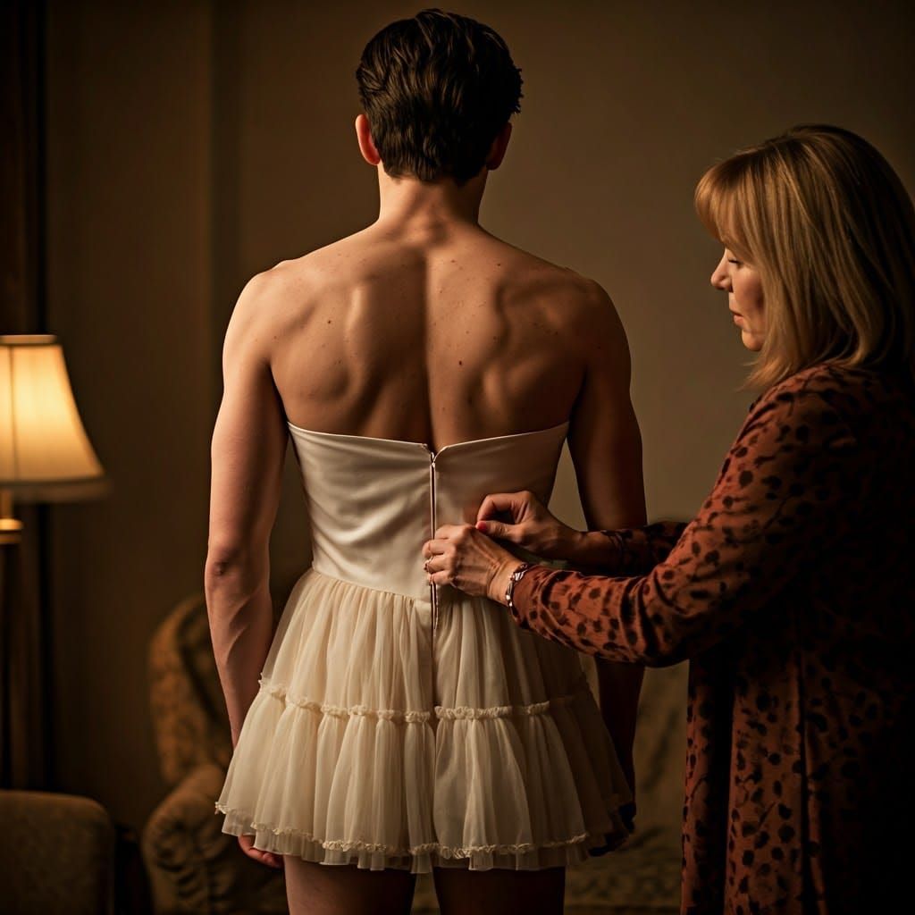 Mother Tenderly Dresses Her Androgynous Son in a Flirty Mini...