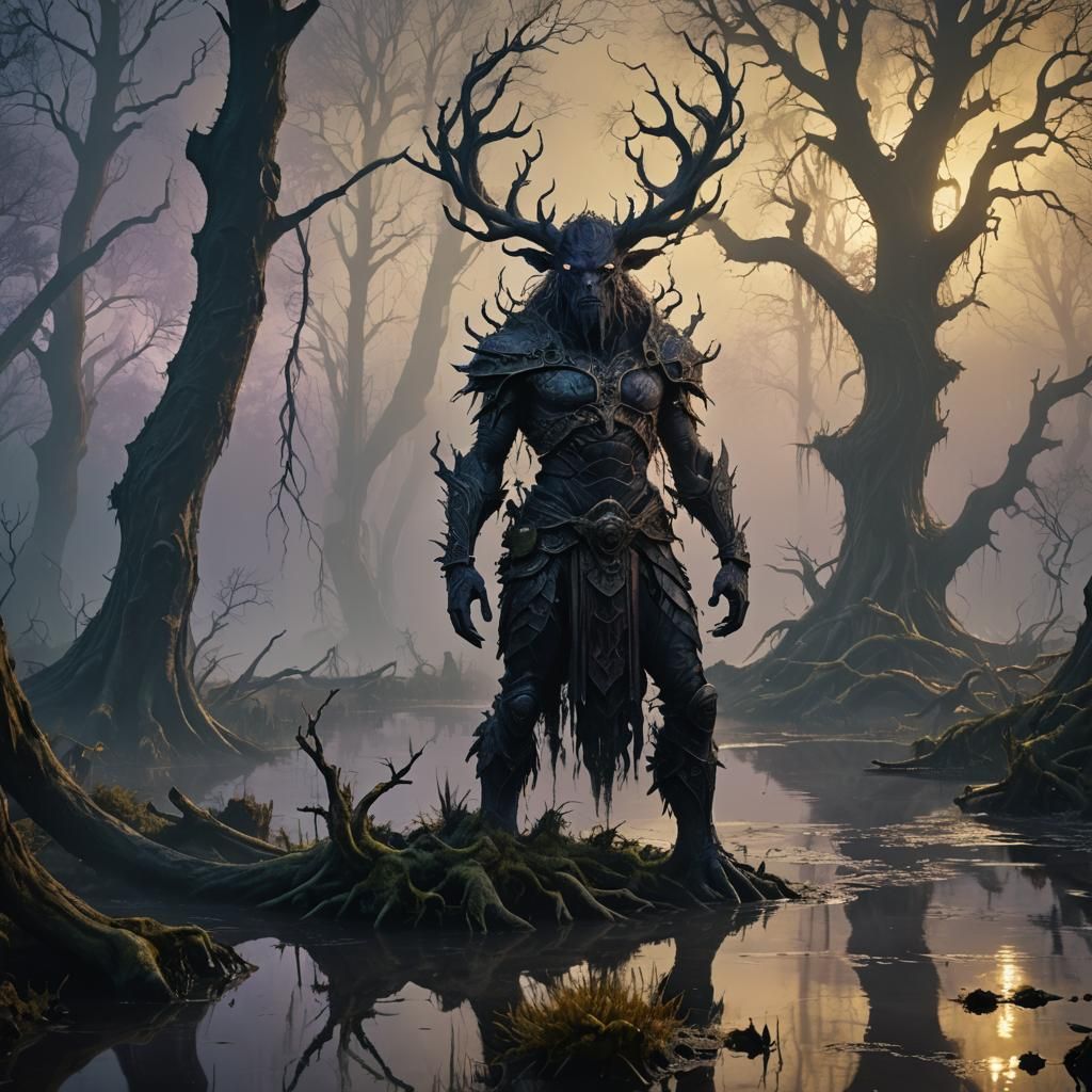 Cursed Hydros God in Misty Swamp, Art Nouveau