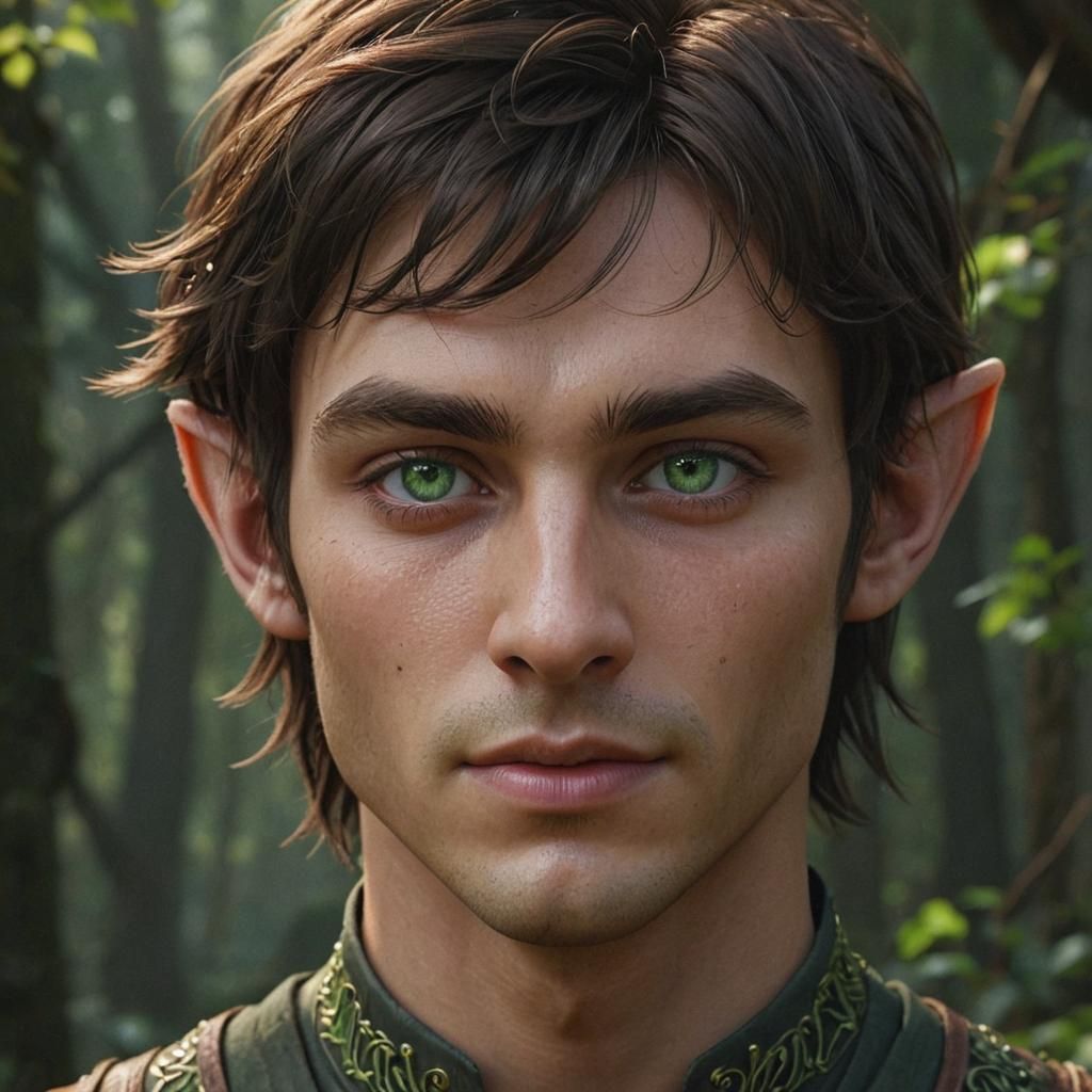 A handsome elven boy with dark brown hair and beautiful gree...