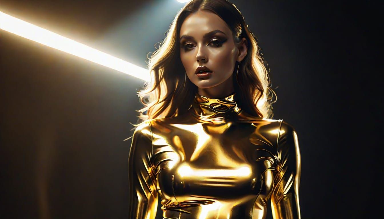 Voluptuous Woman in Latex Swimsuit Under Spotlight