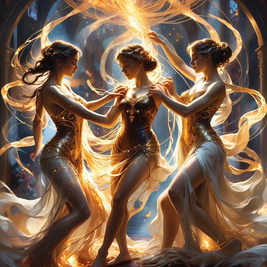 Enigmatic Figures Unraveling Glowing Threads: Fantasy Art