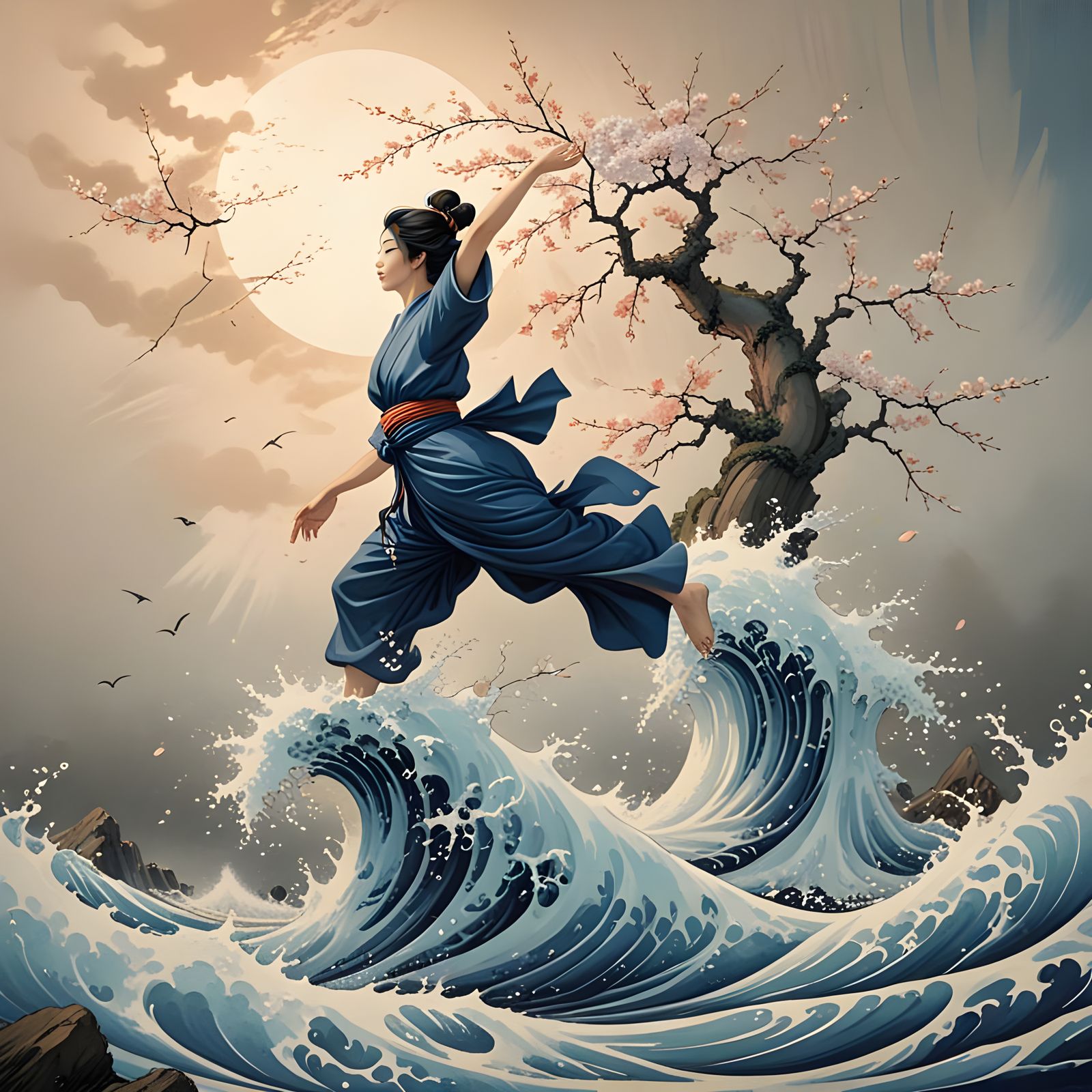 Water Walker in Hokusai Style