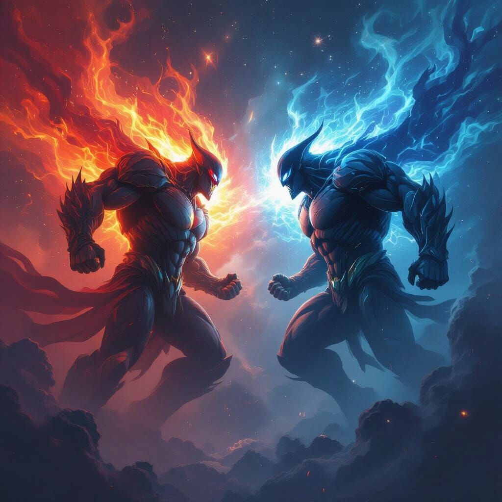 Cosmic Titans Clash In Fiery Red vs Shadowy Blue Battle