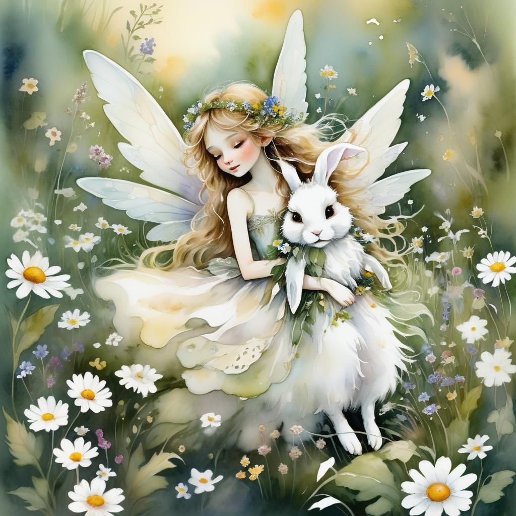 Whimsical Fairy Sits with Fluffy Rabbit in Enchanted Forest