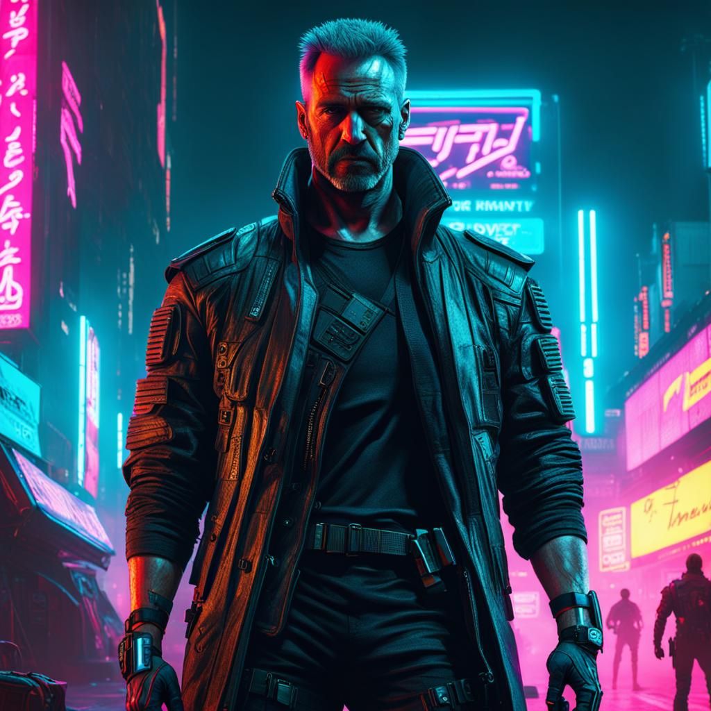 Cyberpunk Soldier in Neon Cityscape