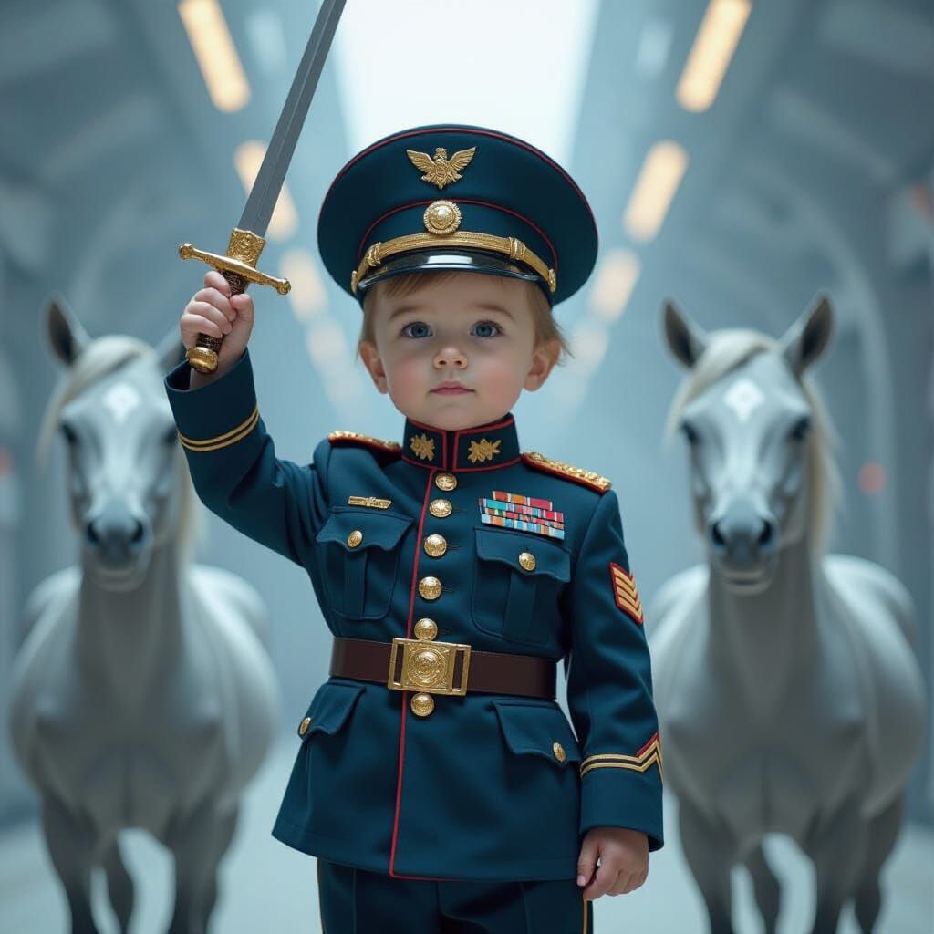 Child General with Greys in Futuristic Setting