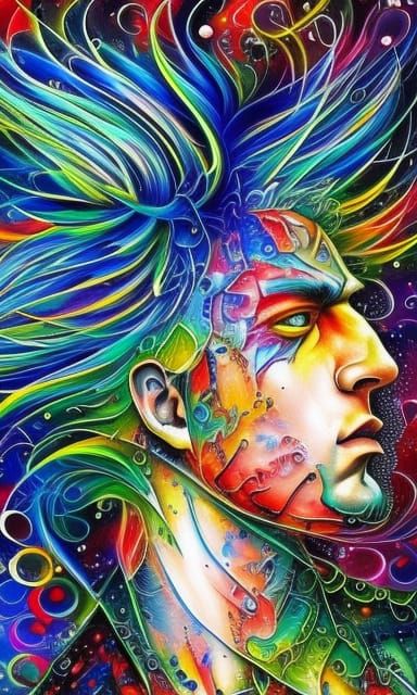 Fluid Haired Man in Mixed Media Illustration