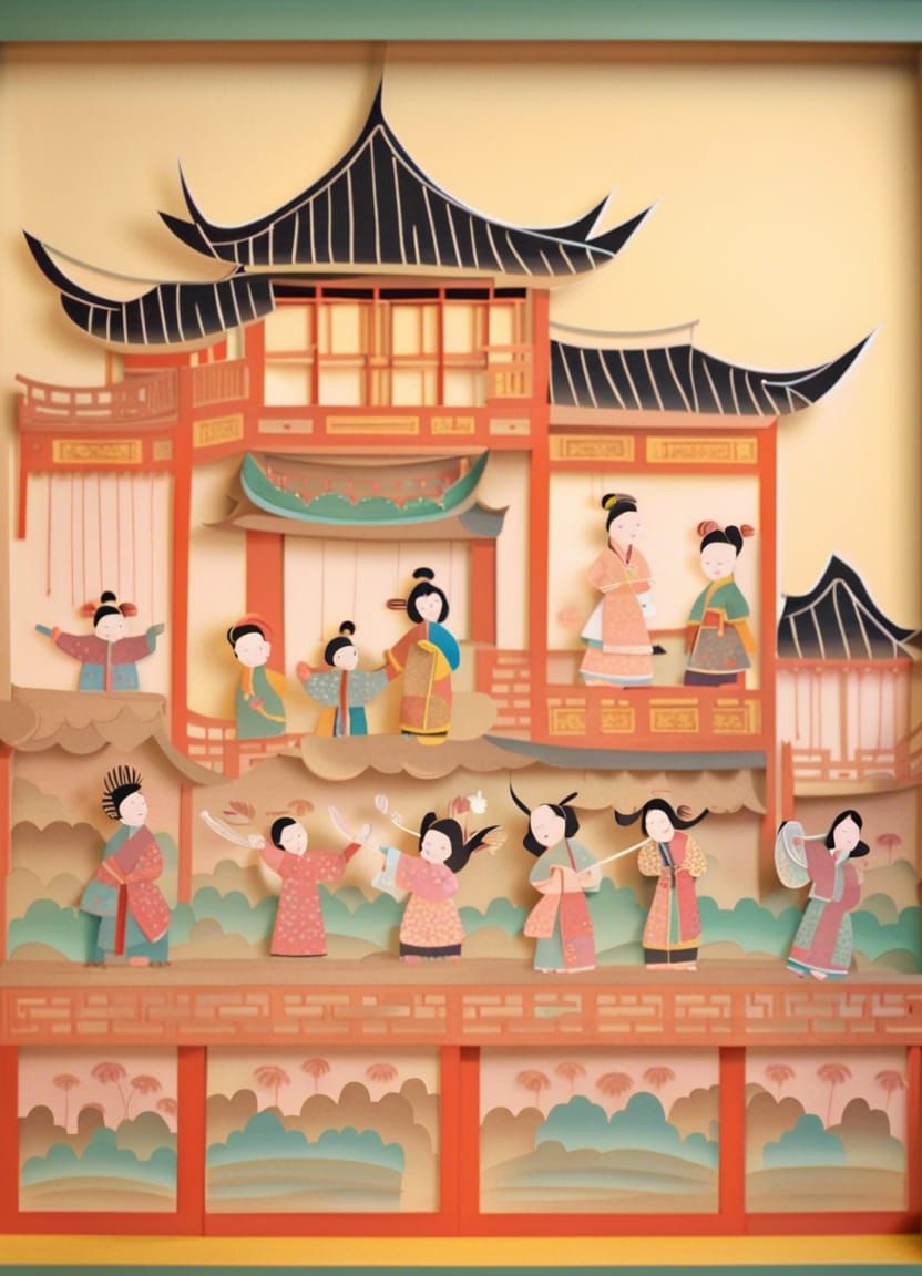 Chinese Shadow Paper Theatre in Ink Painting Style