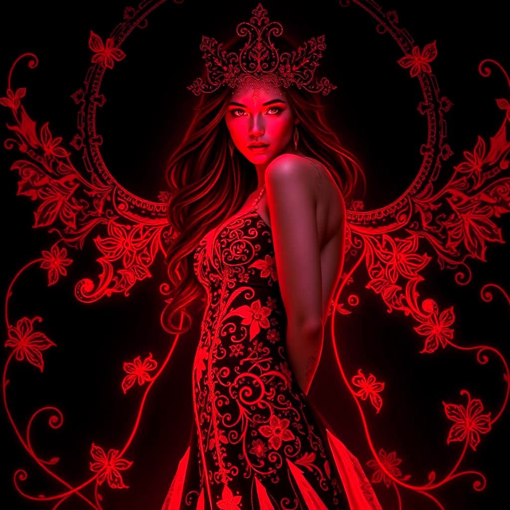Bioluminescent Maiden with Red Filigree Design
