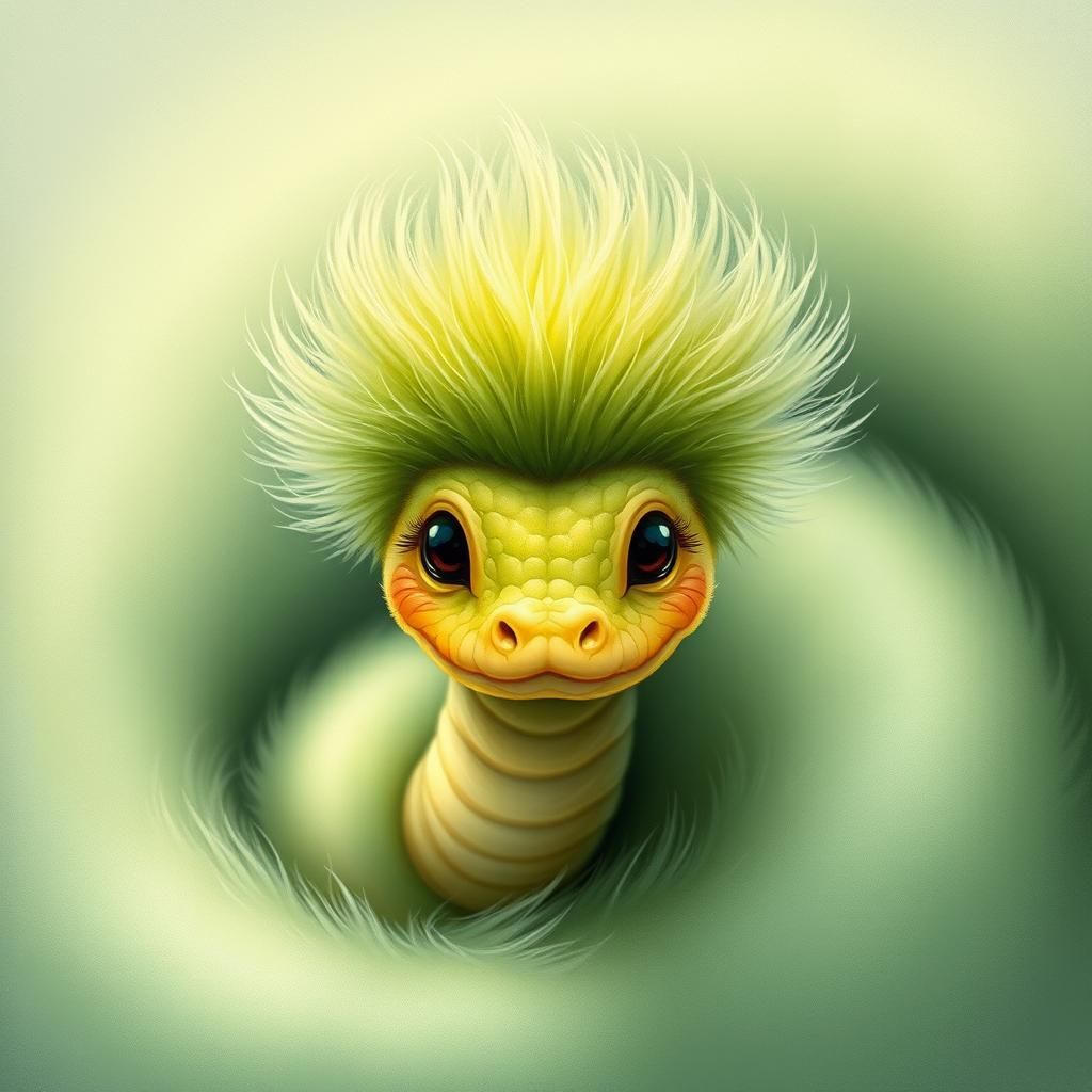 Adorable Baby Snake with Fuzzy Green Hair