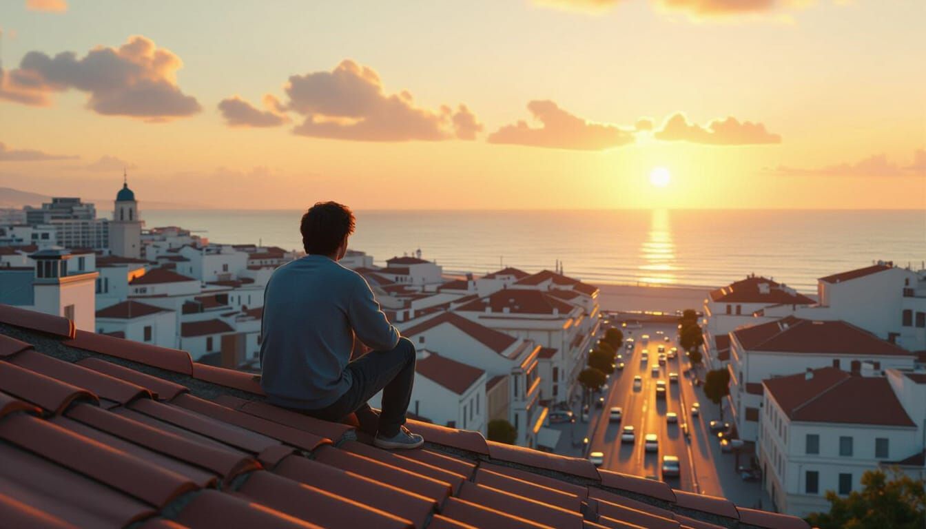 Rooftop Sunset Scene in Digital Art Style