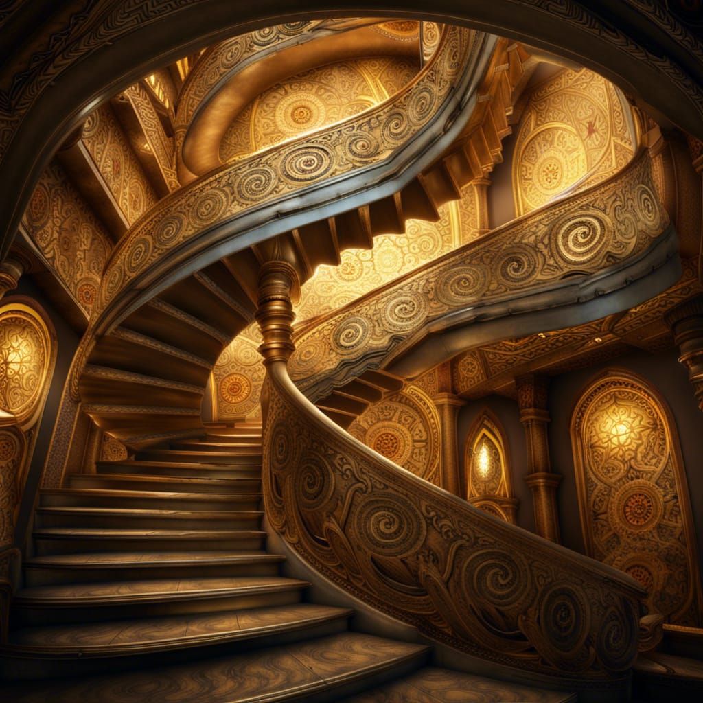 Ornate Spiral Staircase with Gold and Ivory Details