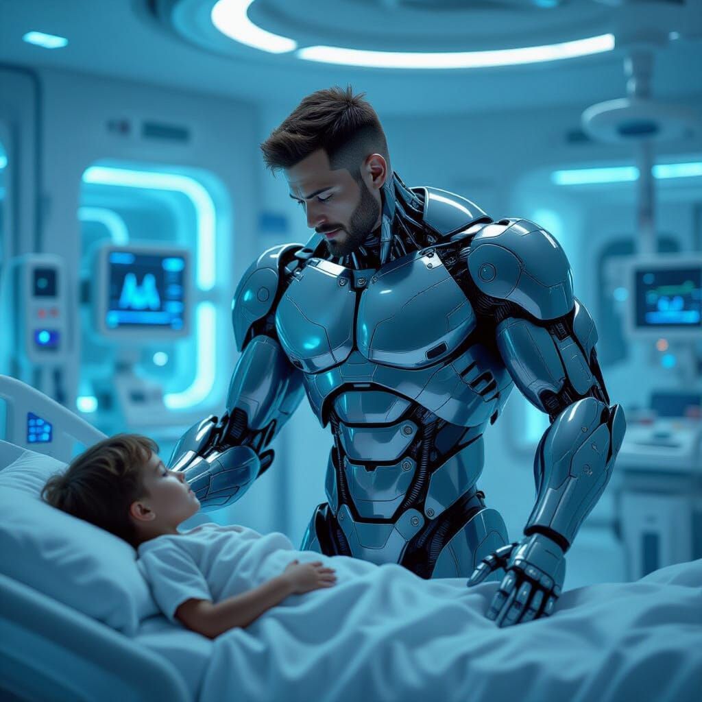 Cyborg Doctor Comforts Child in Futuristic Hospital