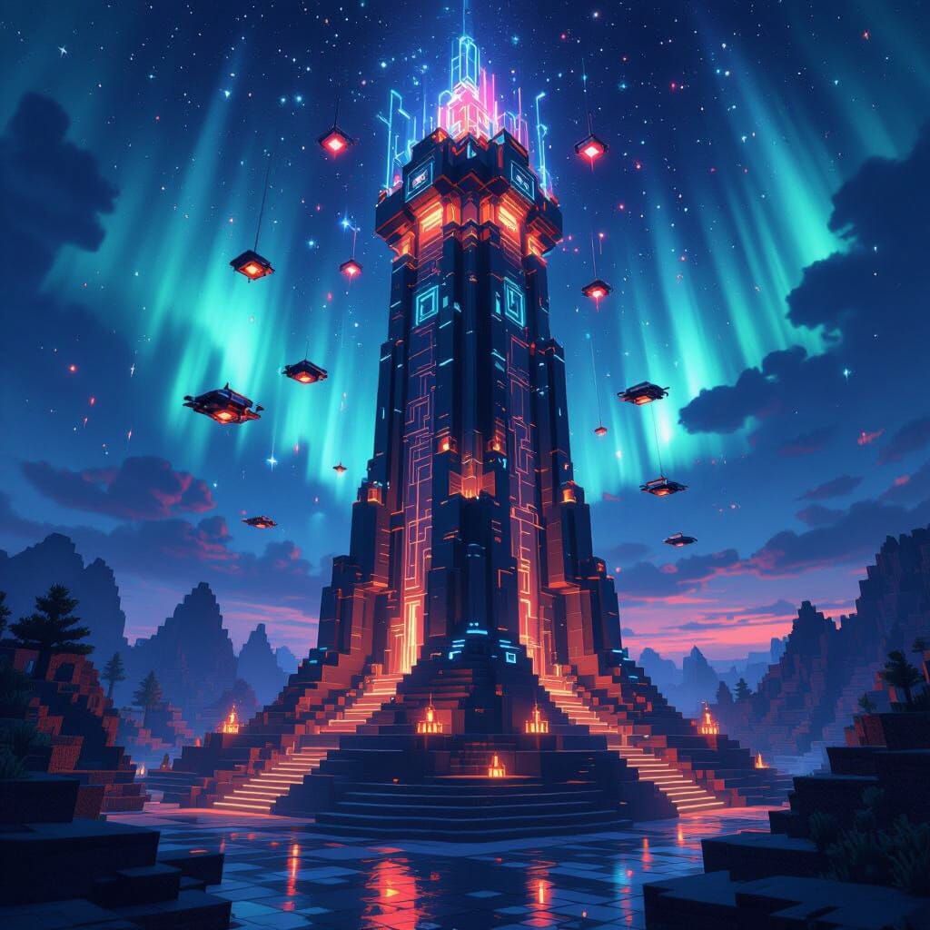 Futuristic Minecraft Tower Base at Night