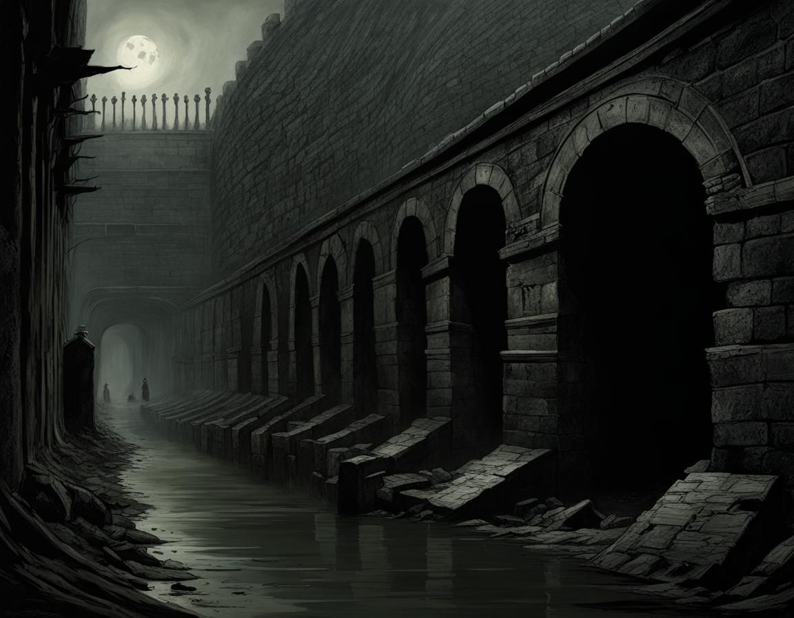 Eerie Dark Sewers with Sinister Faces: Horror Scene