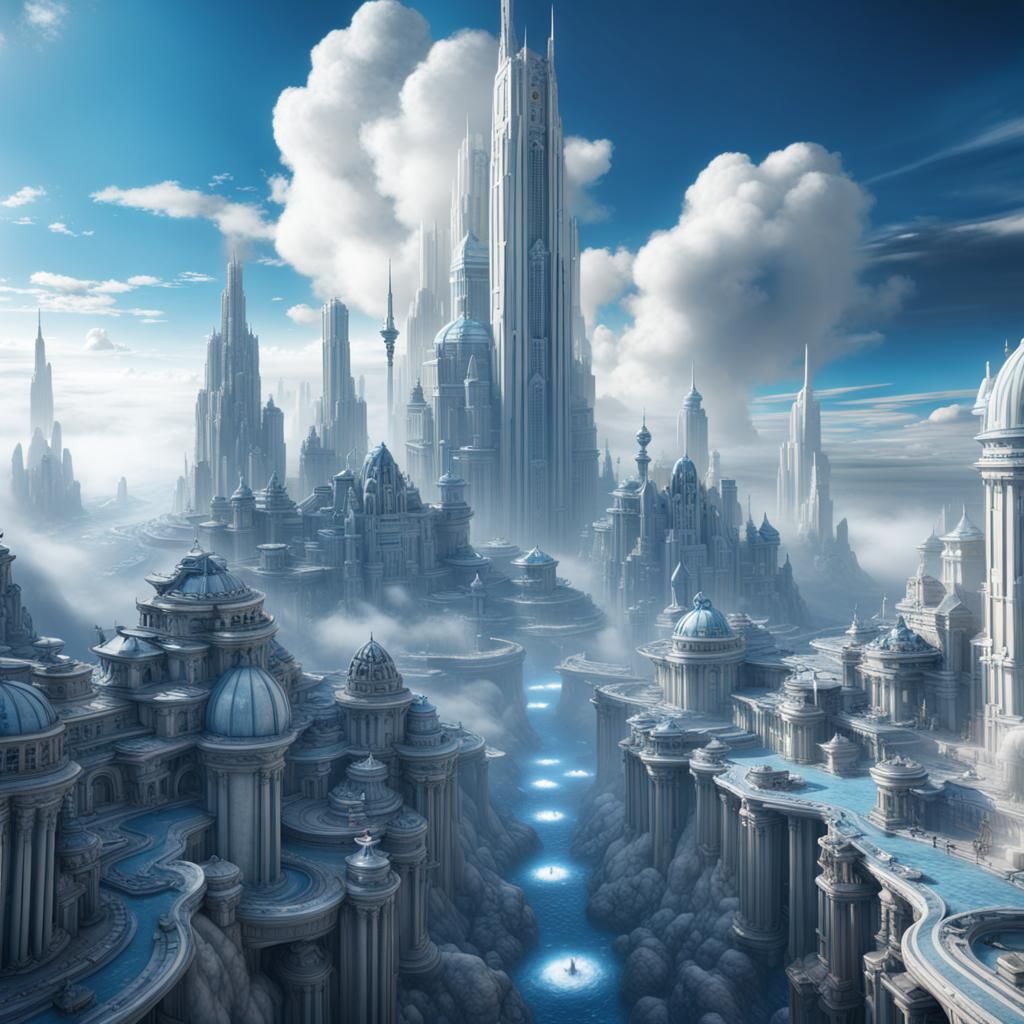 Blue and White Cloud City: Detailed Matte Painting