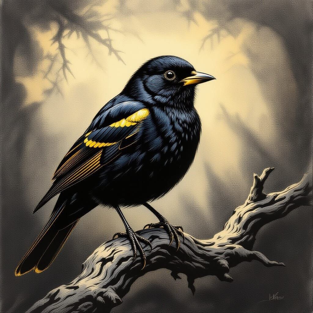 Golden Blackbird Charcoal Drawing on Gnarled Branch