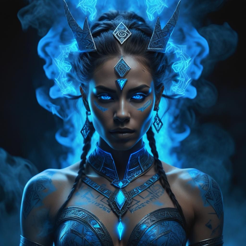 Lioness Hybrid with Warrior Woman and Glowing Runes