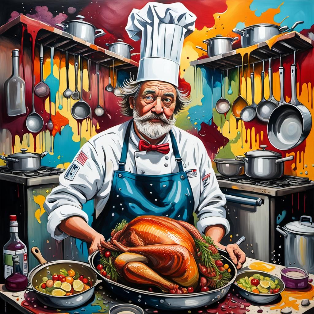 Frazzled Cook in Chaotic Kitchen, Expressive Graffiti Art