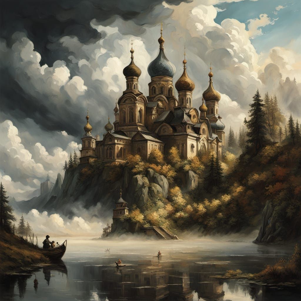 Impasto Surrealism: Golden City Amidst Misty Clouds
