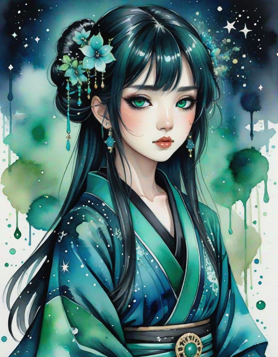 Gothic Geisha in Teal Highlighted Hair with Dark Green Eyes